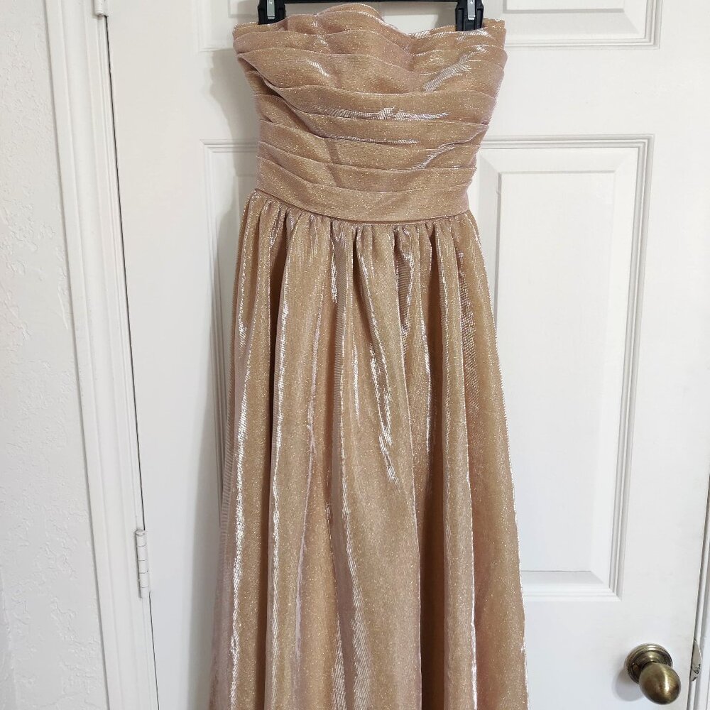 Shimmery Tan Strapless Prom Dress w/ Bow and Corset